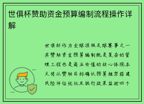 世俱杯赞助资金预算编制流程操作详解