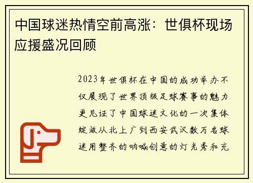 中国球迷热情空前高涨：世俱杯现场应援盛况回顾
